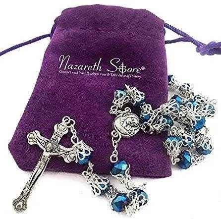 Blue Crystallized Glass Beads Rosary Necklace Holy Soil Medal & Cross Crucifix - Nazareth Store
