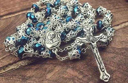 Blue Crystallized Glass Beads Rosary Necklace Holy Soil Medal & Cross Crucifix - Nazareth Store
