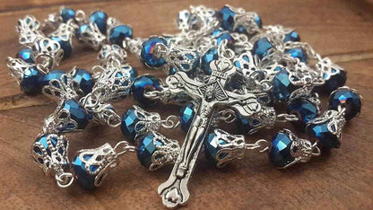 Blue Crystallized Glass Beads Rosary Necklace Holy Soil Medal & Cross Crucifix - Nazareth Store