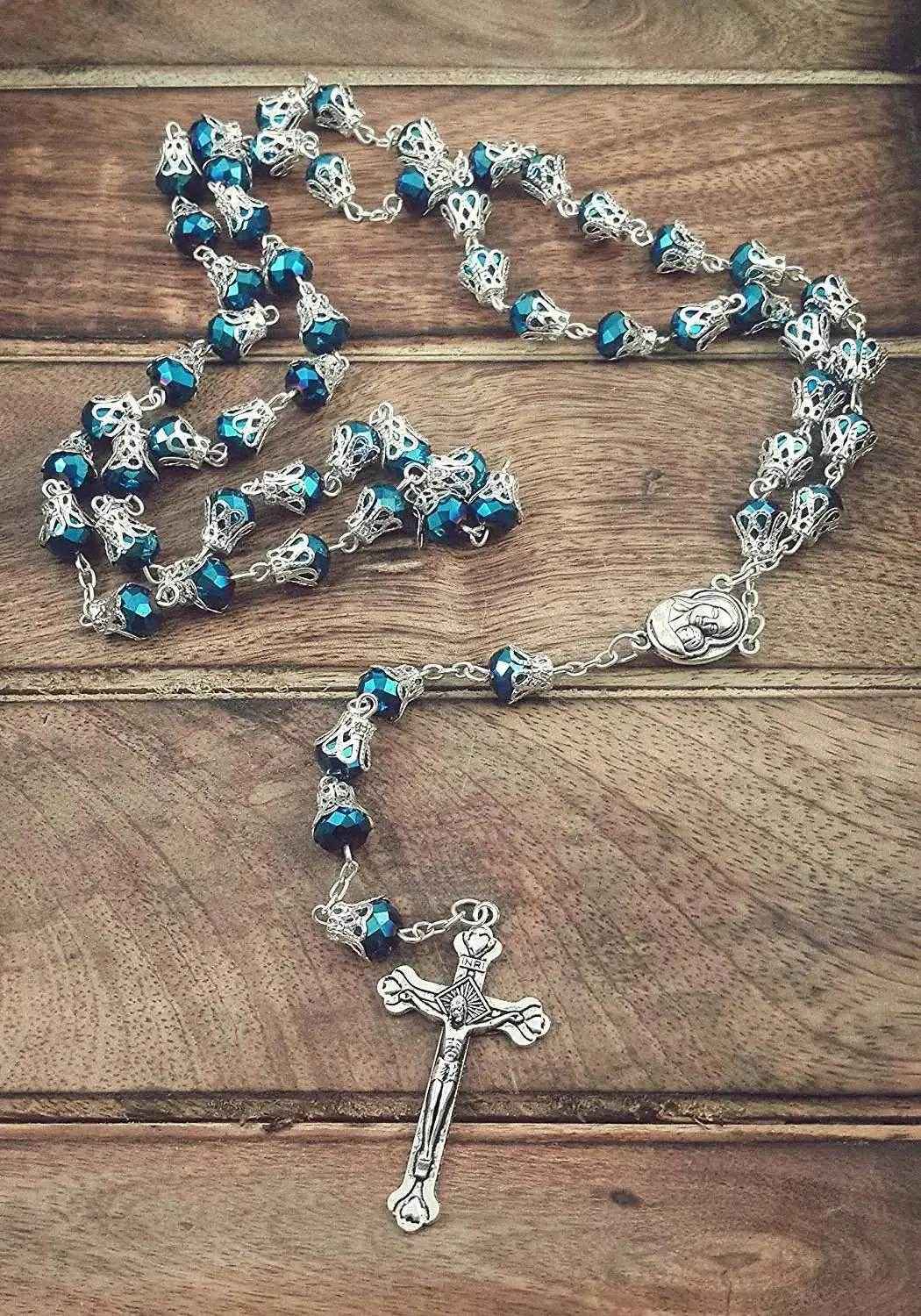 Blue Crystallized Glass Beads Rosary Necklace Holy Soil Medal & Cross Crucifix - Nazareth Store