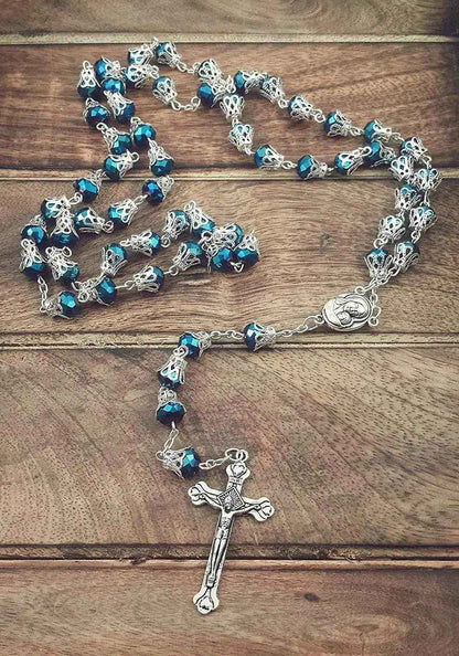 Blue Crystallized Glass Beads Rosary Necklace Holy Soil Medal & Cross Crucifix - Nazareth Store