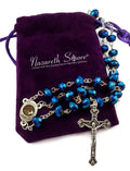 Deep Blue Crystal Beads Rosary Necklace Holy Soil Medal and Cross 