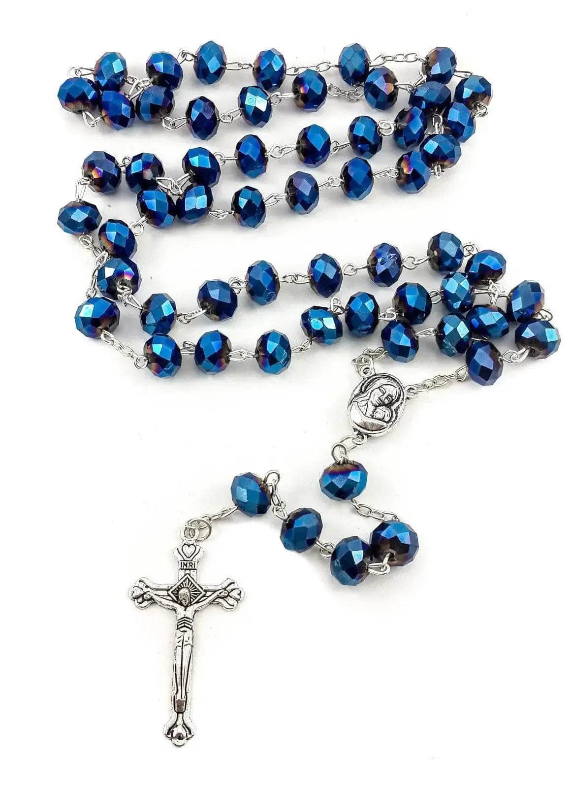 Nazareth Store Deep Blue Crystal Rosary - 21 Inch Men's Prayer Beads With Holy Soil Medal