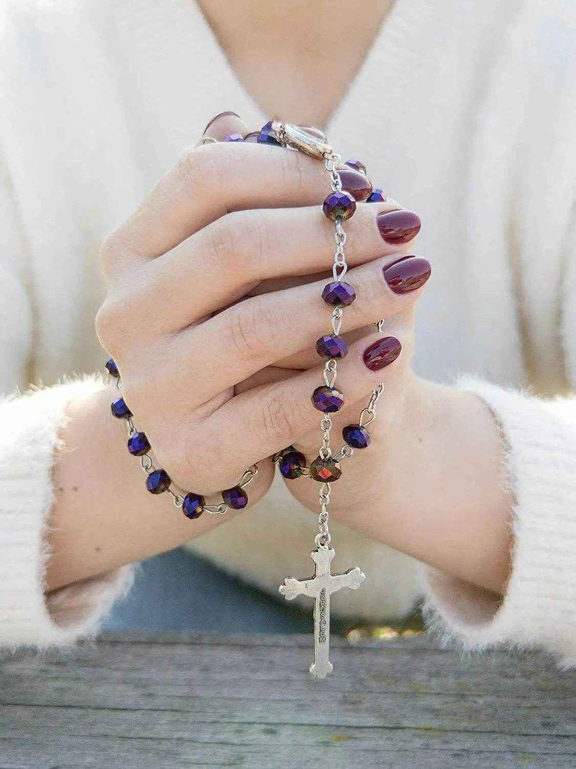 Deep Purple Beads Rosary Necklace Crystallized Chaplet Holy Soil & Cross