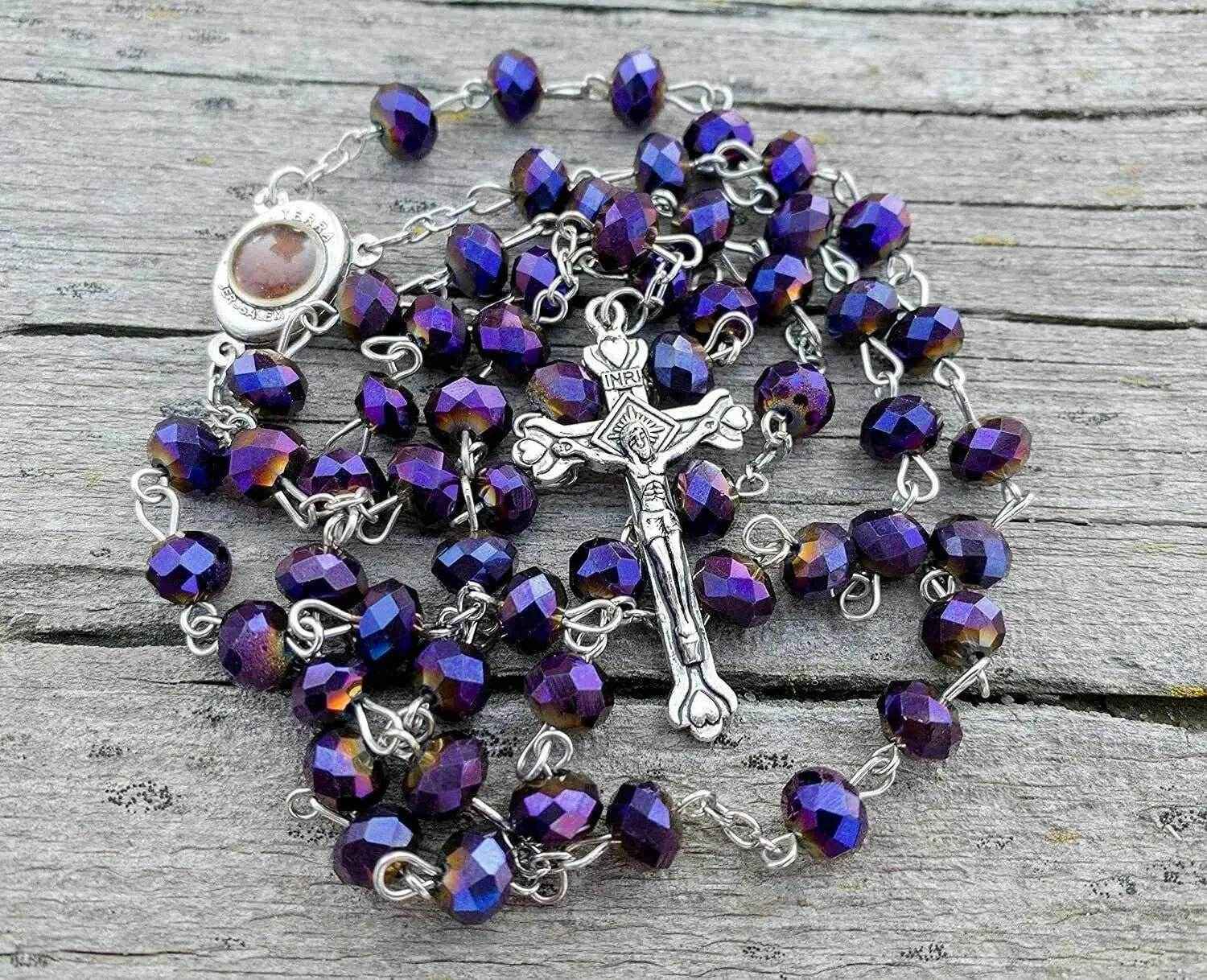 Deep Purple Beads Rosary Necklace Crystallized Chaplet Holy Soil & Cross