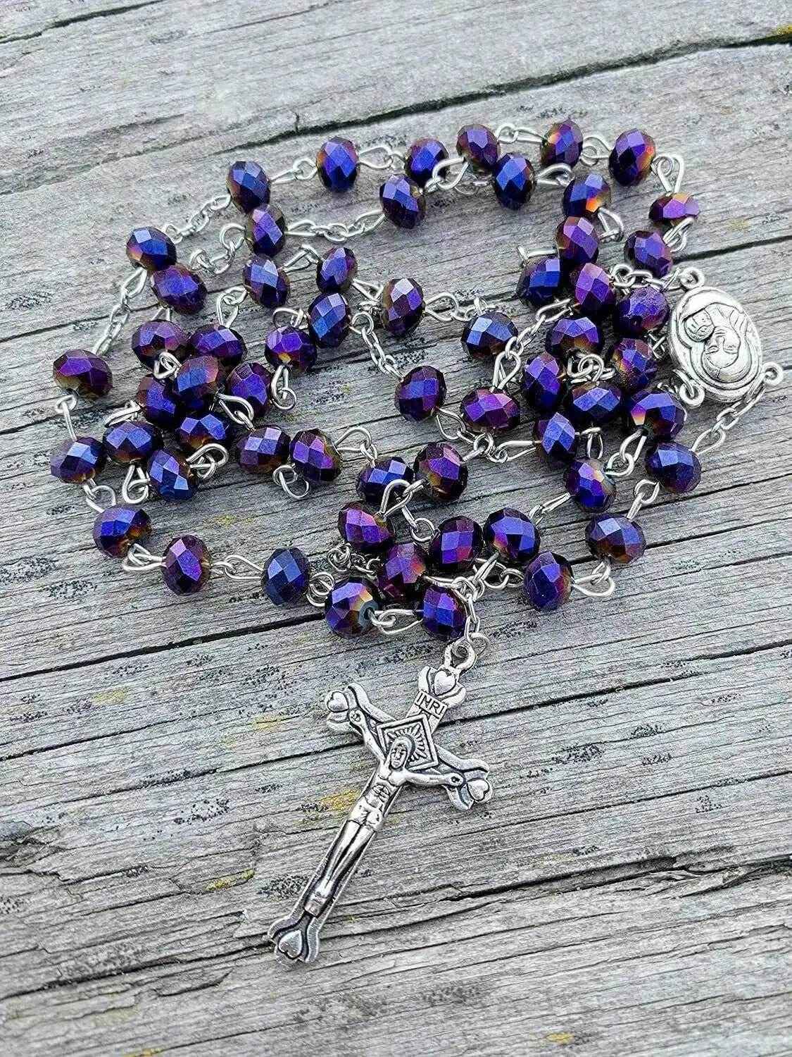 Deep Purple Beads Rosary Necklace Crystallized Chaplet Holy Soil & Cross