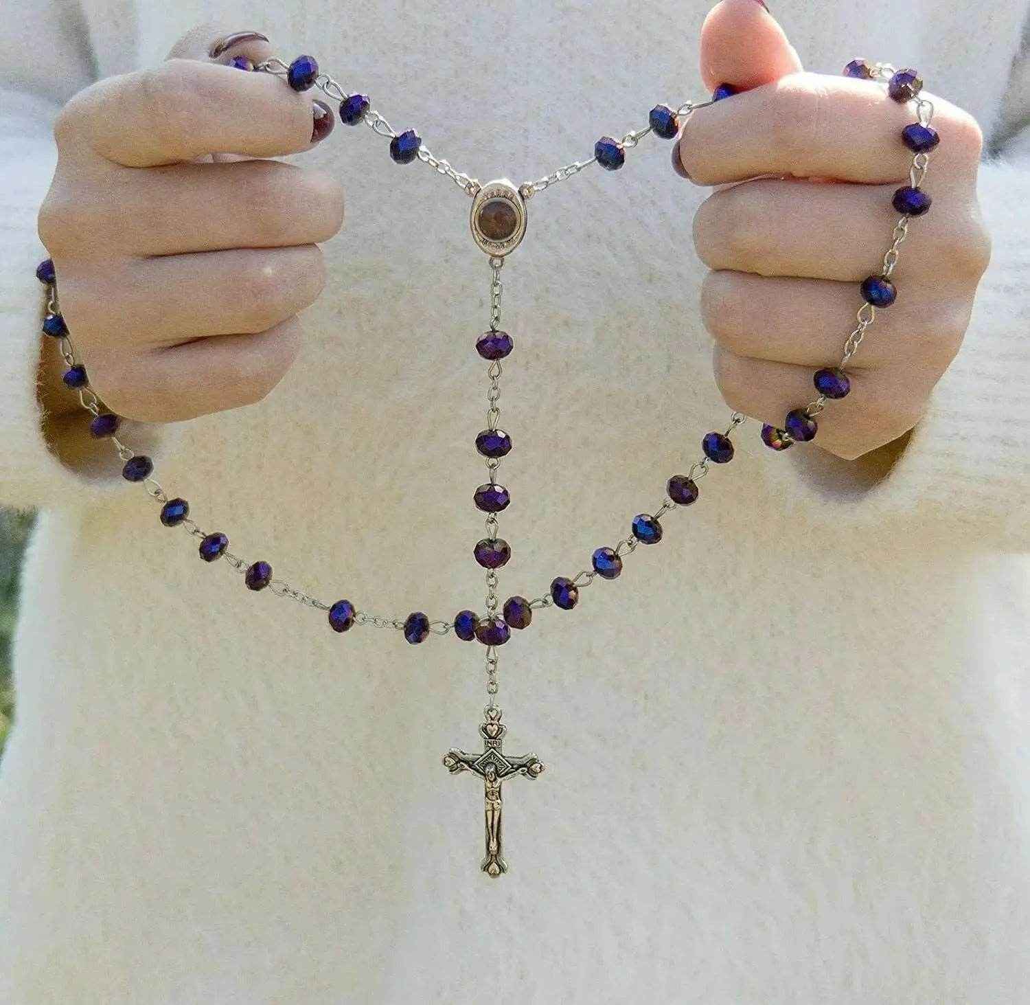 Deep Purple Beads Rosary Necklace Crystallized Chaplet Holy Soil & Cross
