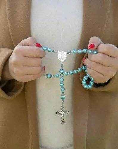 Turquoise Pearl Beads Rosary Necklace with Miraculous Medal  & Cross Crucifix - Nazareth Store