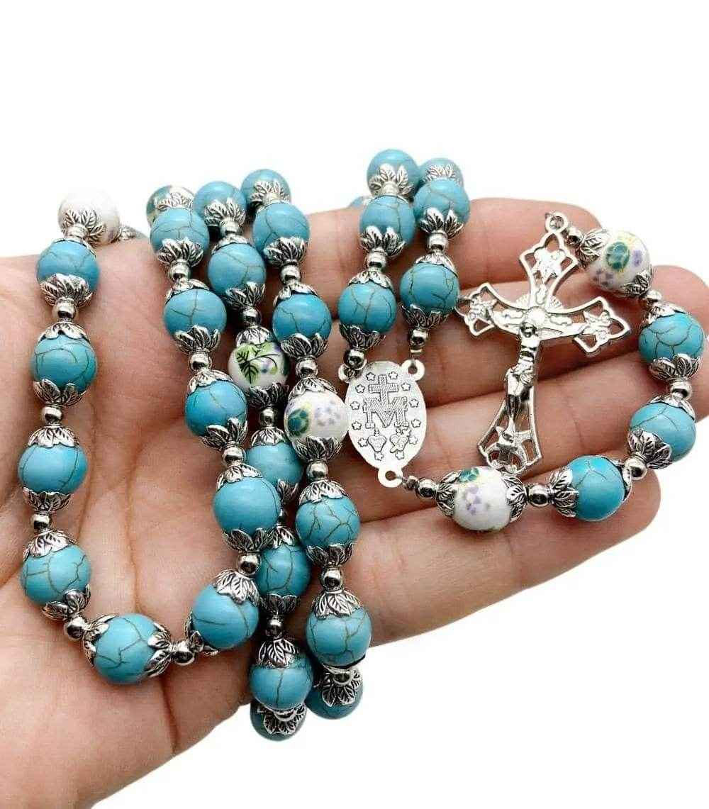 Turquoise Marble Rosary Necklace with Floral Beads, Miraculous Medal & Cross Crucifix  - Nazareth Store