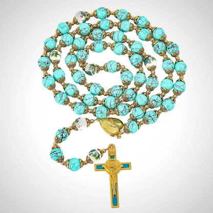 Turquoise Glass Rosary Necklace Flower Mystery Beads with Miraculous Medal & St. Benedict Crucifix - Nazareth Store