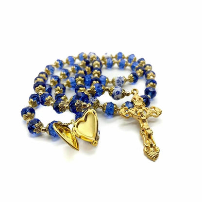 Gold Blue Crystal Rosary Crystallized Beads Necklace Miraculous Locket Medal - Nazareth Store