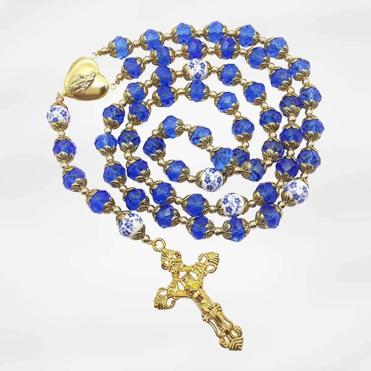 Gold Blue Crystal Rosary Crystallized Beads Necklace Miraculous Locket Medal Nazareth Store