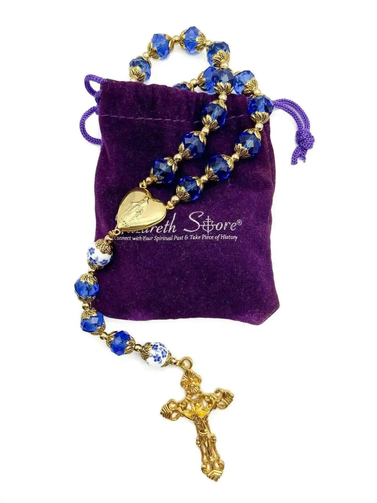 Gold Blue Crystal Rosary Crystallized Beads Necklace Miraculous Locket Medal Nazareth Store