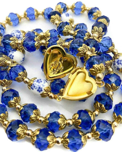 Gold Blue Crystal Rosary Crystallized Beads Necklace Miraculous Locket Medal
