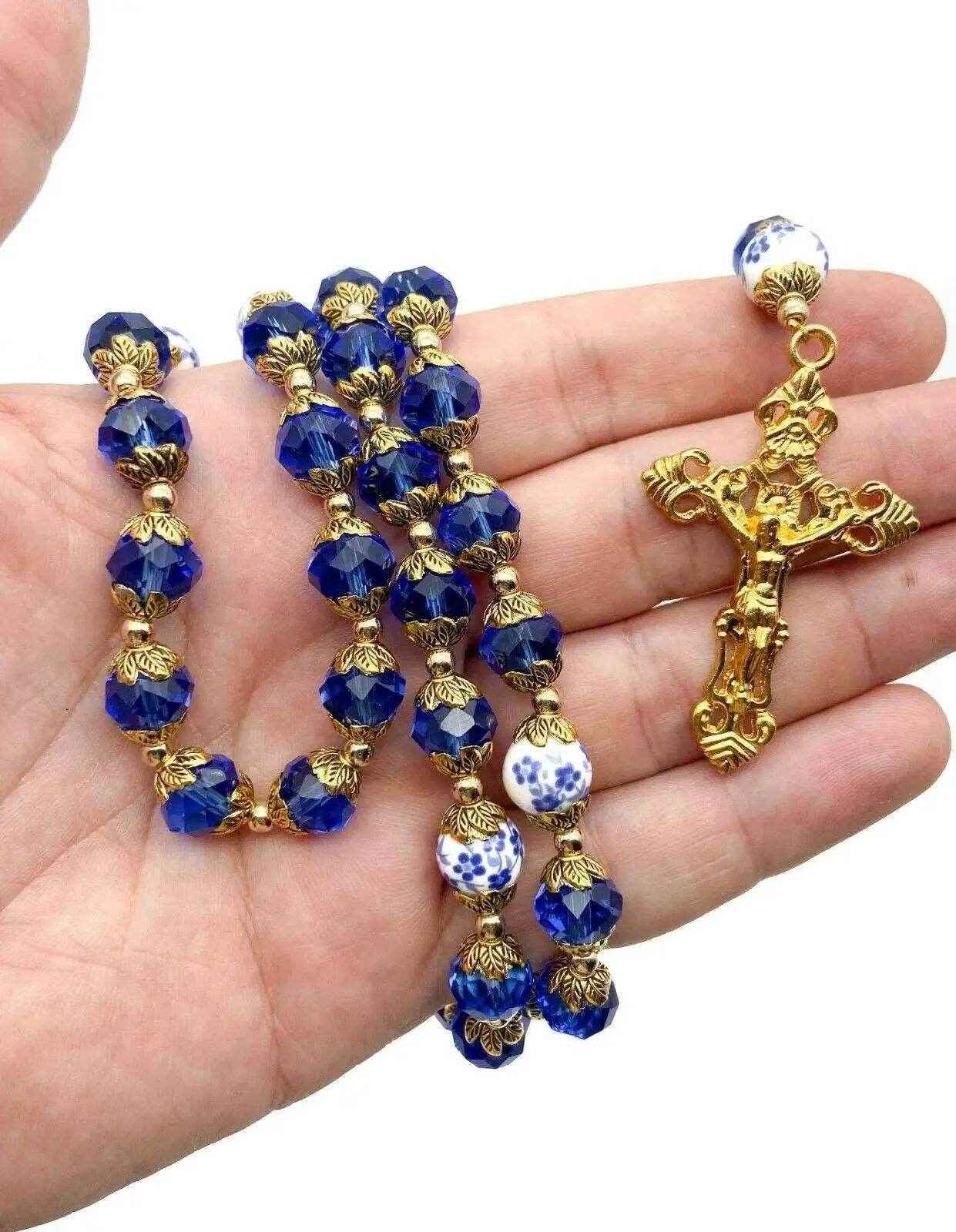 Gold Blue Crystal Rosary Crystallized Beads Necklace Miraculous Locket Medal