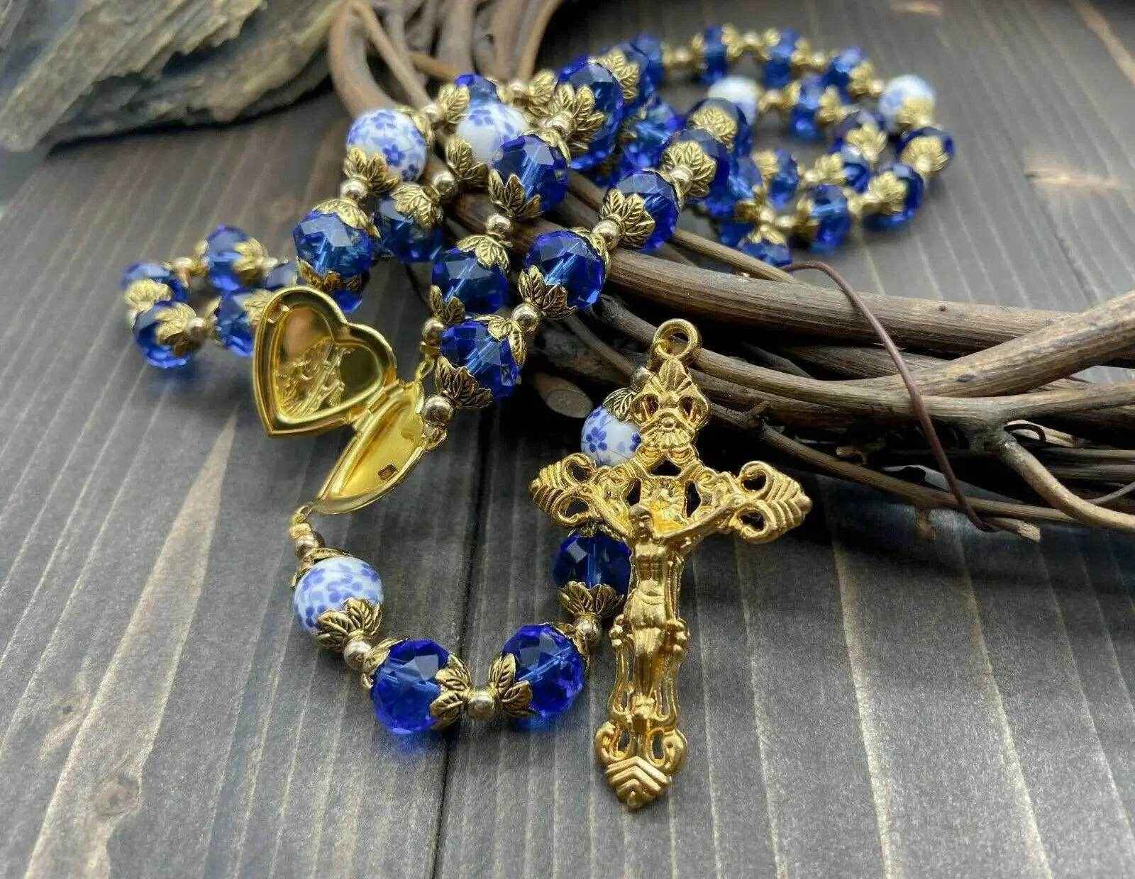 Gold Blue Crystal Rosary Crystallized Beads Necklace Miraculous Locket Medal
