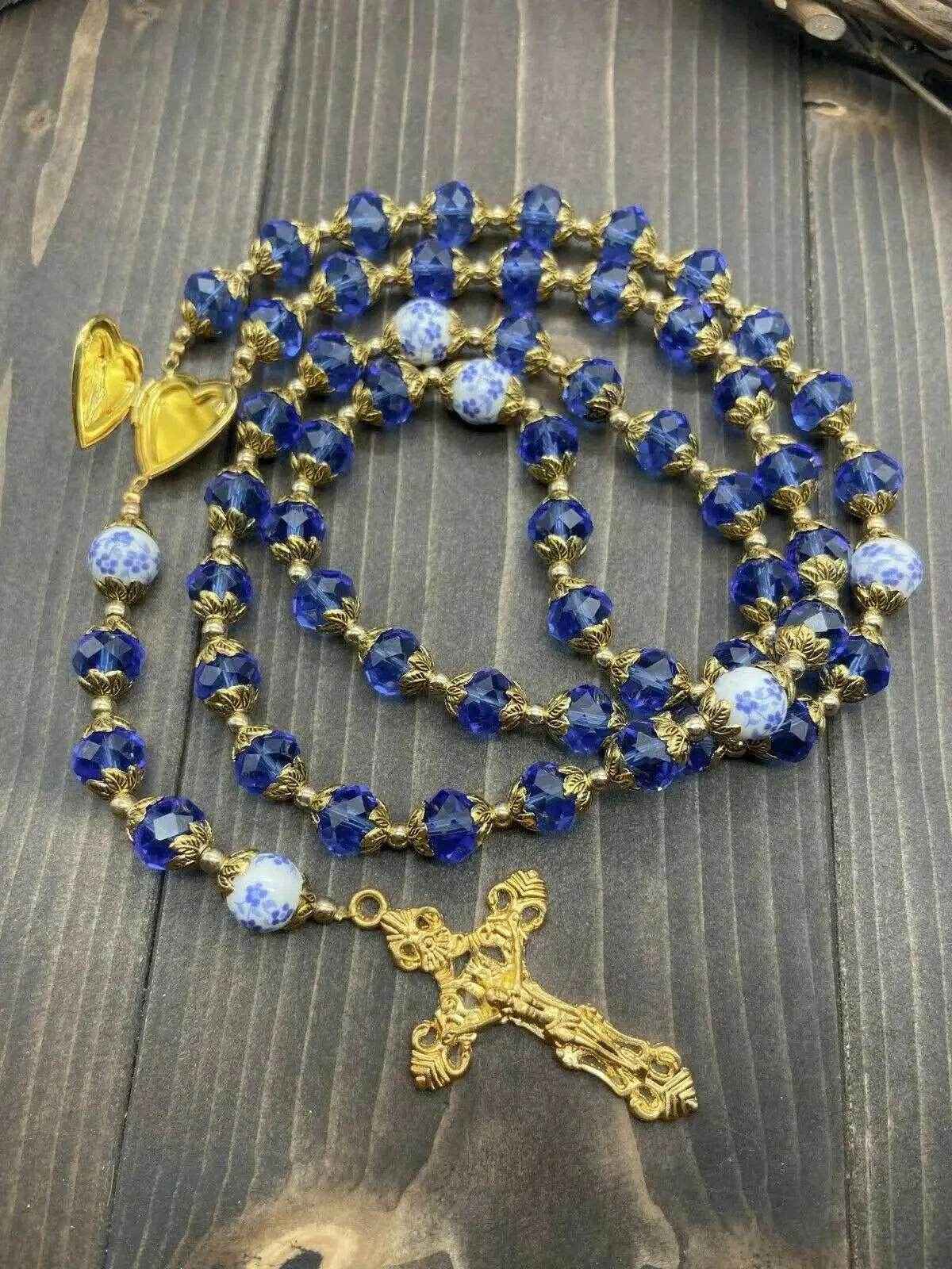 Gold Blue Crystal Rosary Crystallized Beads Necklace Miraculous Locket Medal