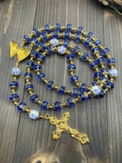 Gold Blue Crystal Rosary Crystallized Beads Necklace Miraculous Locket Medal