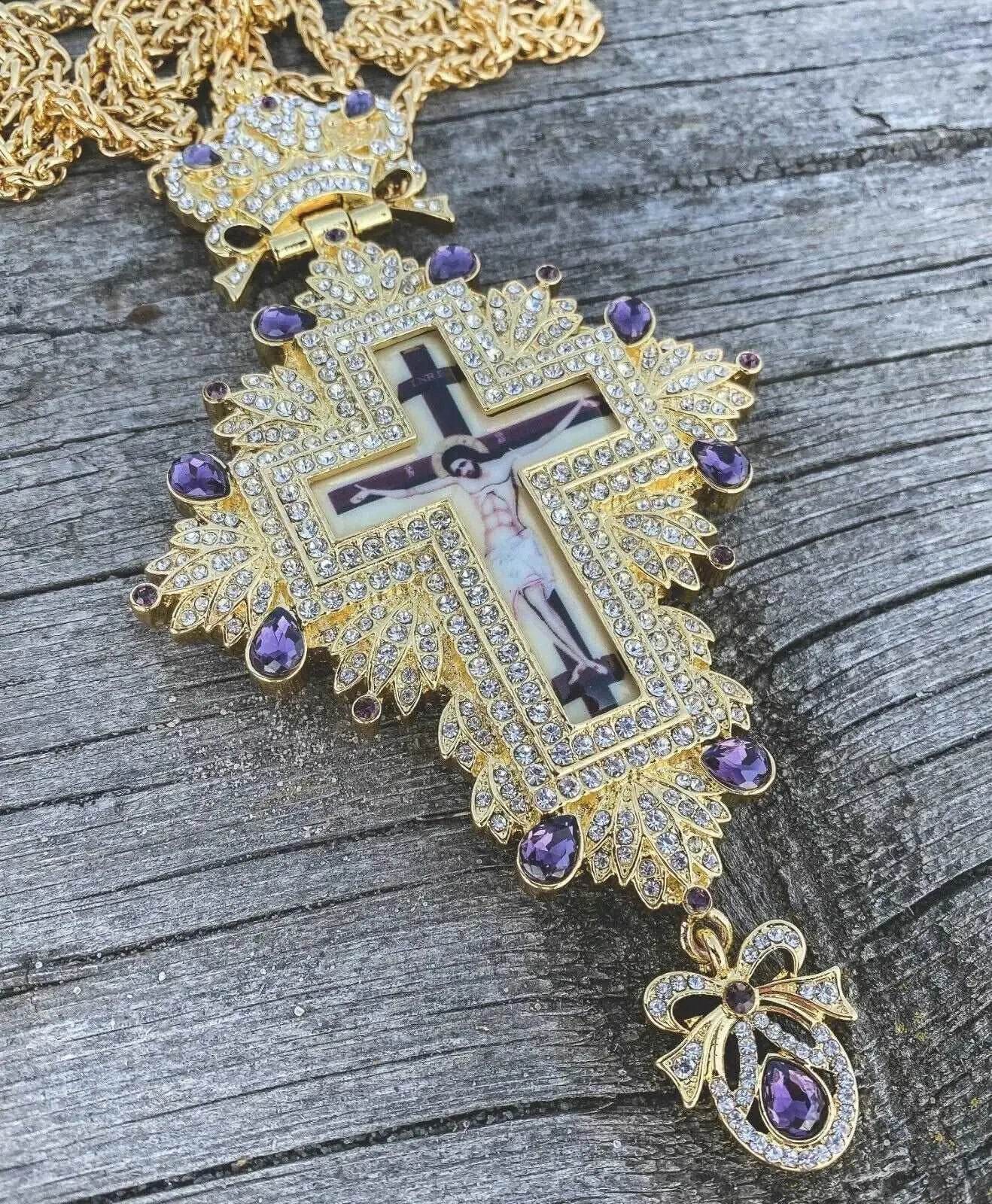 Gold Pectoral Cross Pendant Jesus Priest Bishop Purple Crystallized Beads Clergy - Nazareth Store