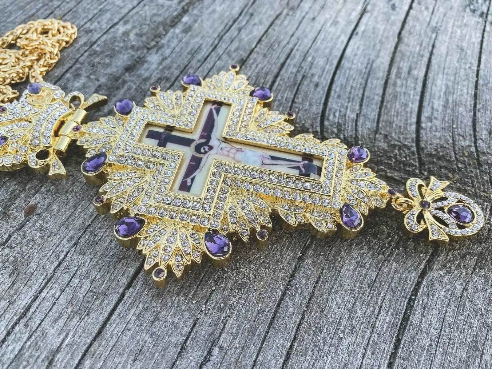 Gold Pectoral Cross Pendant Jesus Crucifix with Purple Crystallized Beads for Priest & Bishop Clergy Necklace - Nazareth Store