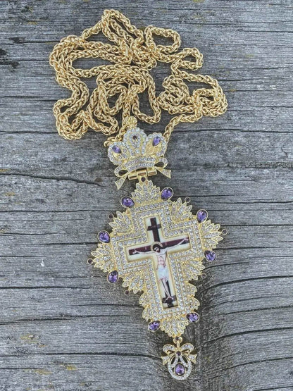 Gold Pectoral Cross Pendant Jesus Crucifix with Purple Crystallized Beads for Priest & Bishop Clergy Necklace - Nazareth Store