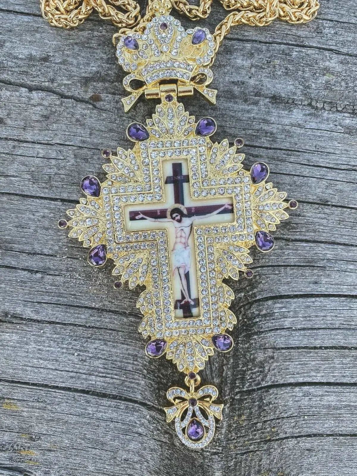 Gold Pectoral Cross Pendant Jesus Priest Bishop Purple Crystallized Beads Clergy Nazareth Store