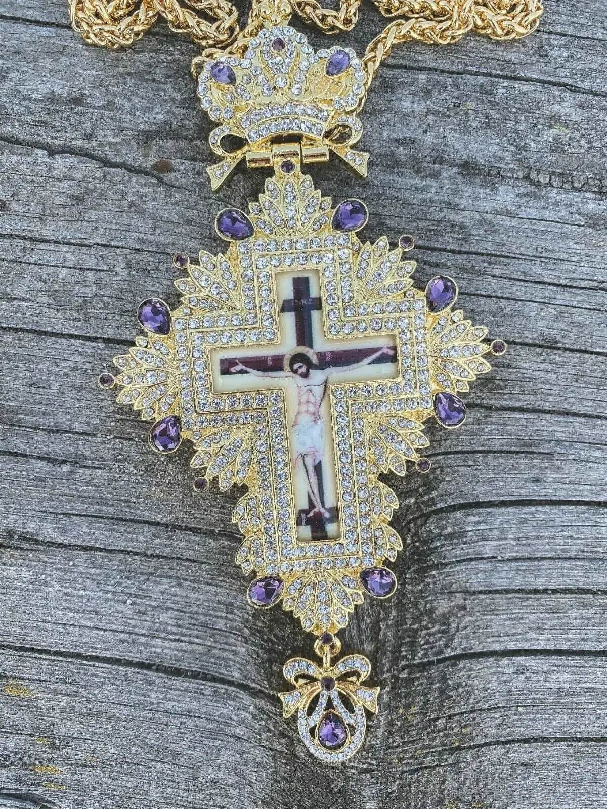 Gold Pectoral Cross Pendant Jesus Crucifix with Purple Crystallized Beads for Priest & Bishop Clergy Necklace - Nazareth Store