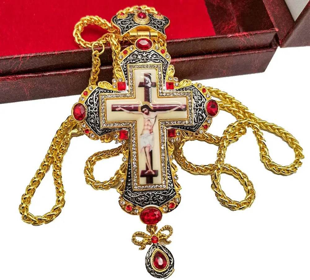 Gold Pectoral Cross Red Multi Zircons Pendant Necklace Christian Priest Bishop Crucifix - Nazareth Store