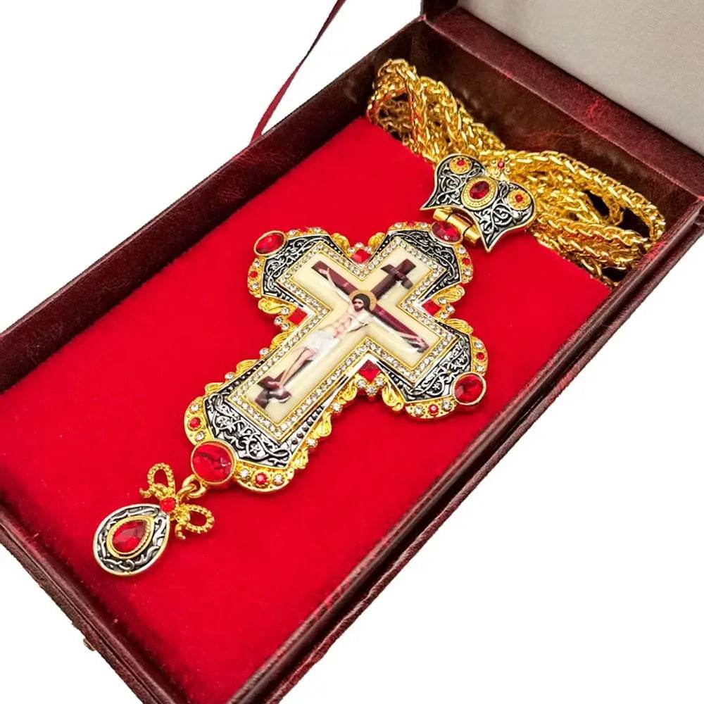 Gold Pectoral Cross Red Multi Zircons Pendant Necklace Christian Priest Bishop Crucifix - Nazareth Store
