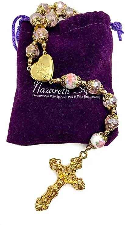 Pink Crystal Rosary Necklace Gold Flower Prayer Beads with Holy Mary Heart Locket Medal & Cross Crucifix - Nazareth Store