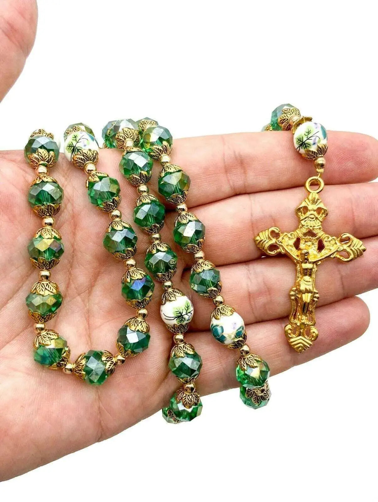 Green Crystals Beads Rosary Necklace Miraculous Heart Locket Medal Nazareth Store