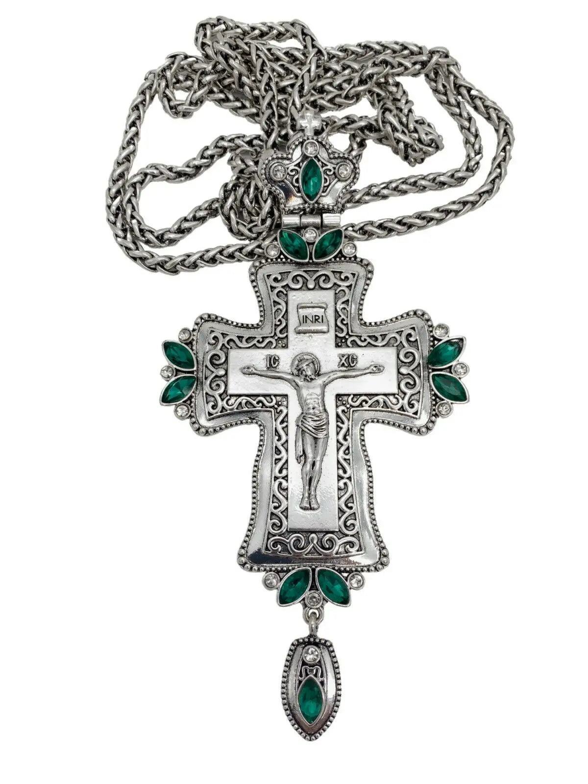 Green Crystals Bishop Pectoral Cross Silver Crystallized Zircons Clergy Crucifix 23" Nazareth Store