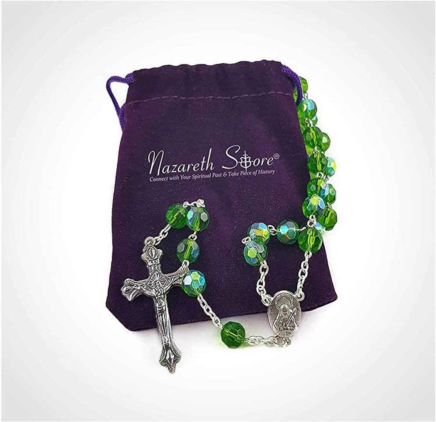 Green Glass Beads Rosary Necklace Catholic Holy Mary Medal - Nazareth Store