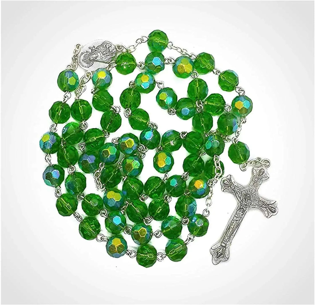 Green Glass Beads Rosary Necklace Catholic Holy Mary Medal Nazareth Store