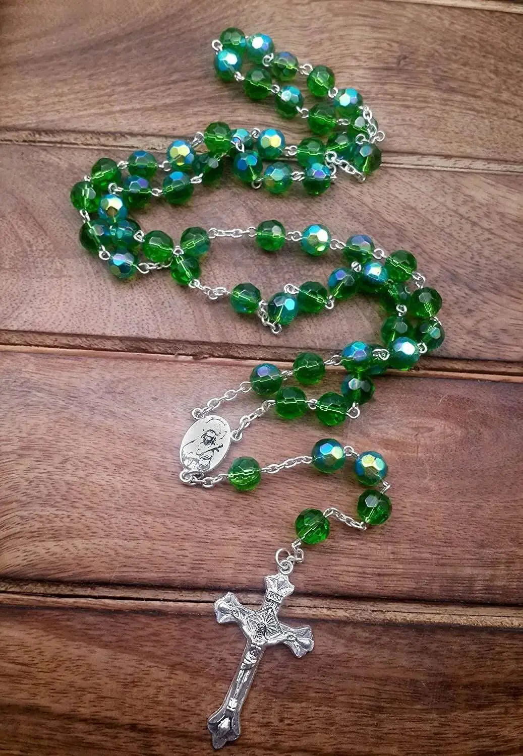 Green Glass Beads Rosary Necklace Catholic Holy Mary Medal Nazareth Store