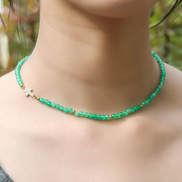 Green Jade Beads Gemstones Women Necklace Choker with Cross Faith Necklace 15" Nazareth Store