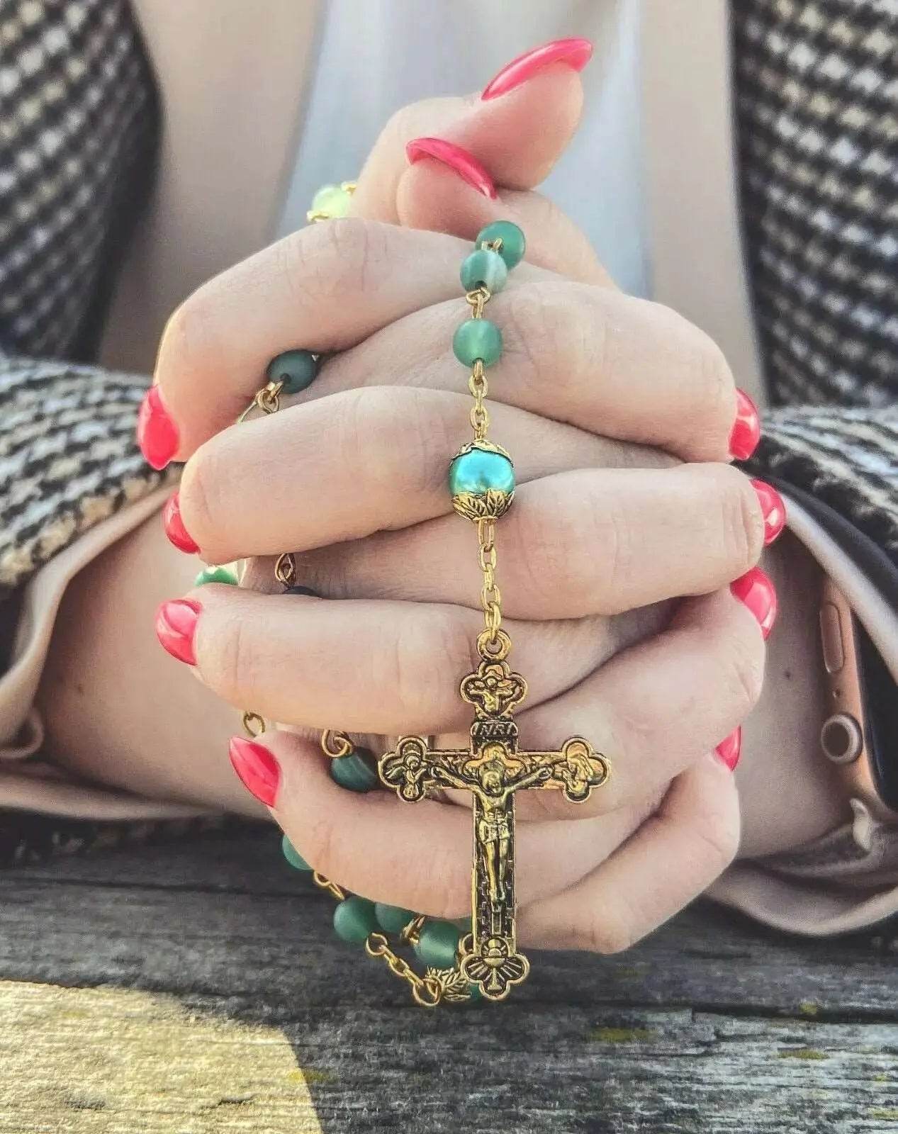 Green matte beads rosary necklace catholic miraculous medal cross