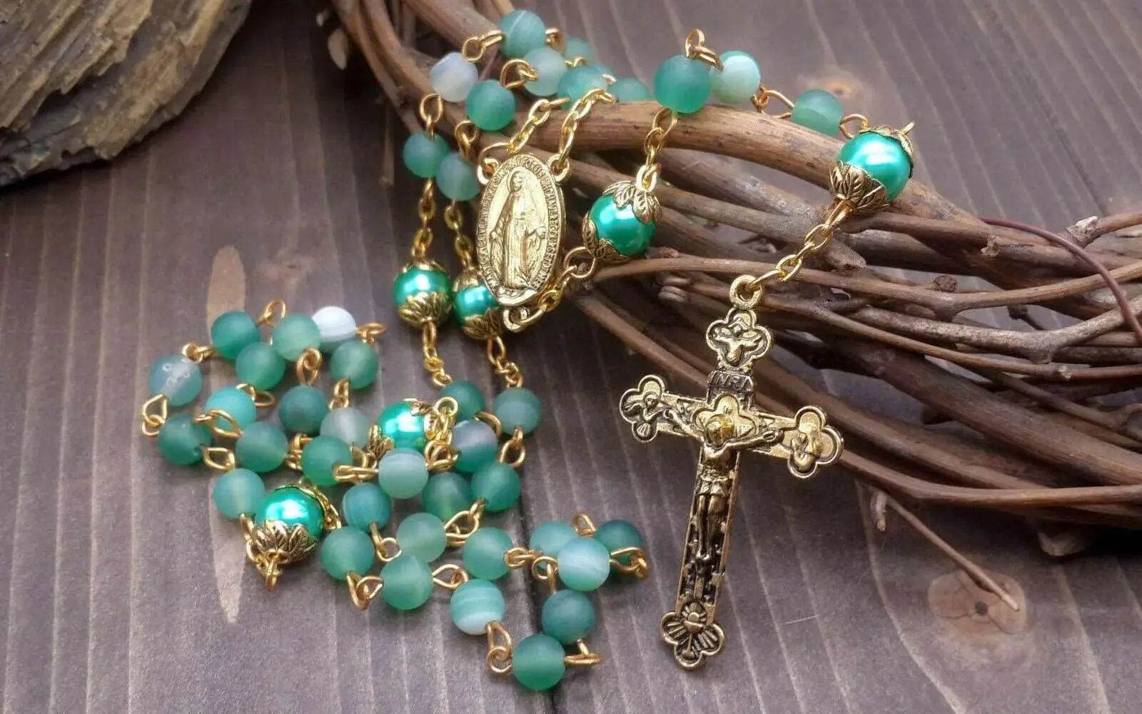 Green matte beads rosary necklace catholic miraculous medal cross