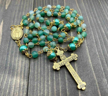 Green Matte Beads Rosary Necklace Catholic Miraculous Medal & Cross Crucifix - Nazareth Store