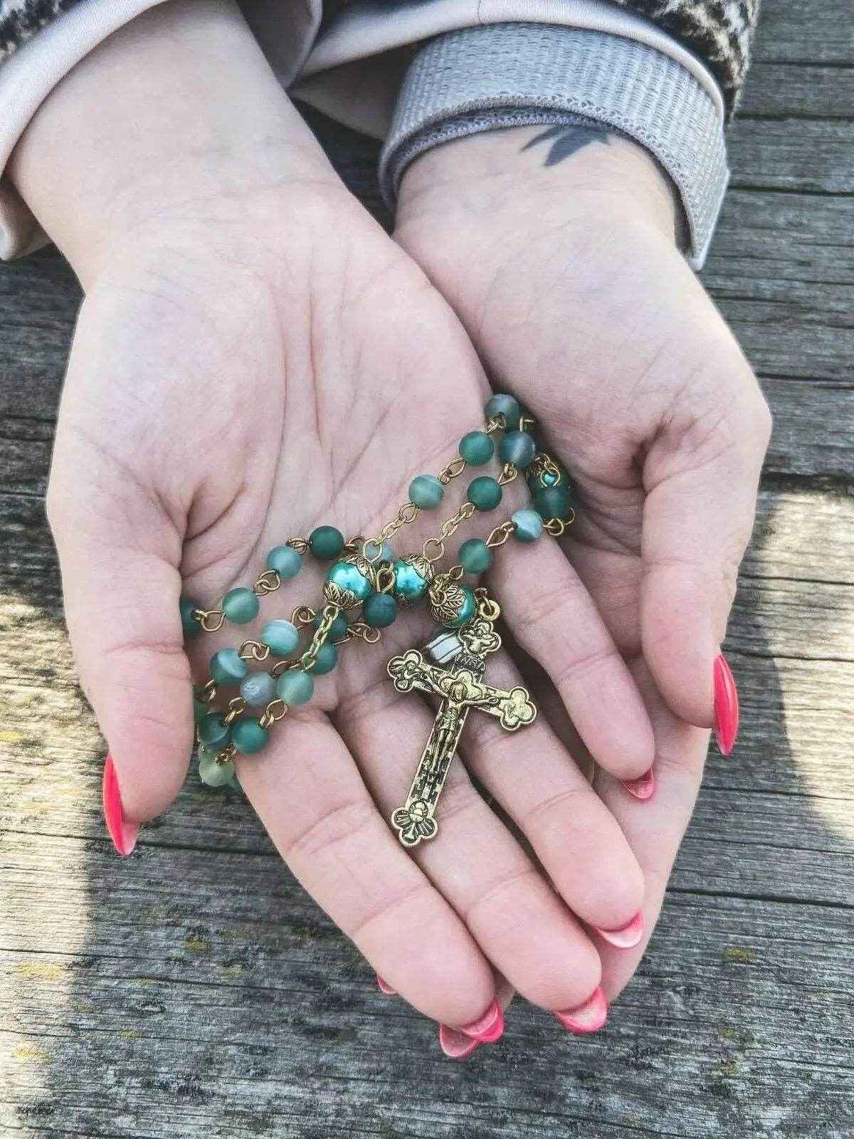 Green Matte Beads Rosary Necklace Catholic Miraculous Medal & Cross Crucifix - Nazareth Store