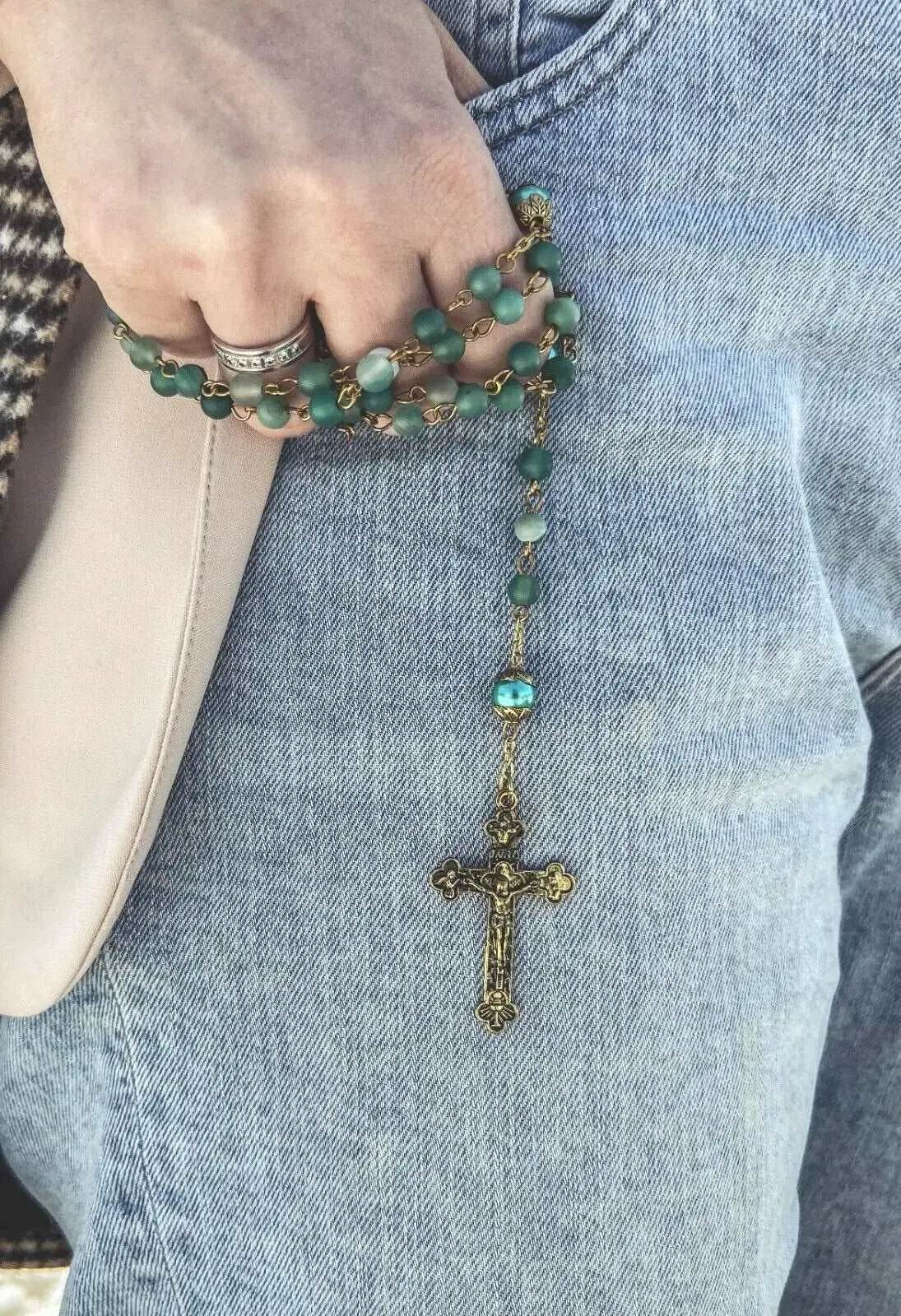 Green matte beads rosary necklace catholic miraculous medal cross