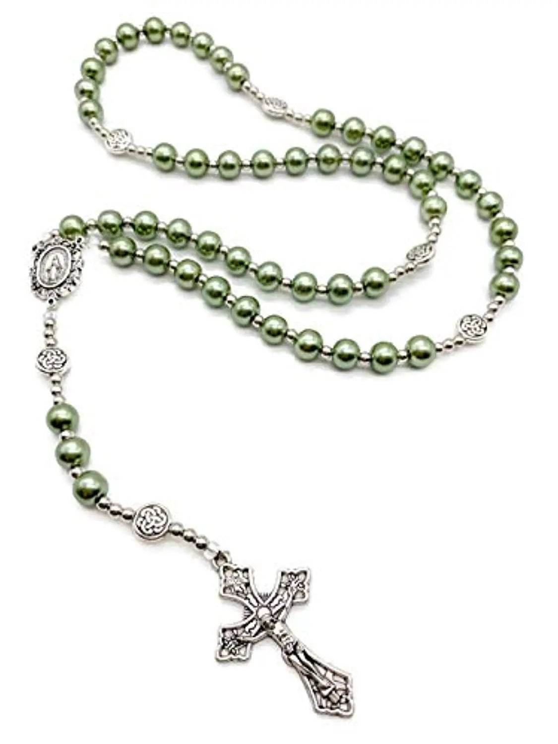 Green Pearl Beads Rosary Catholic Beaded Necklace Miraculous Medal Cross - Nazareth Store