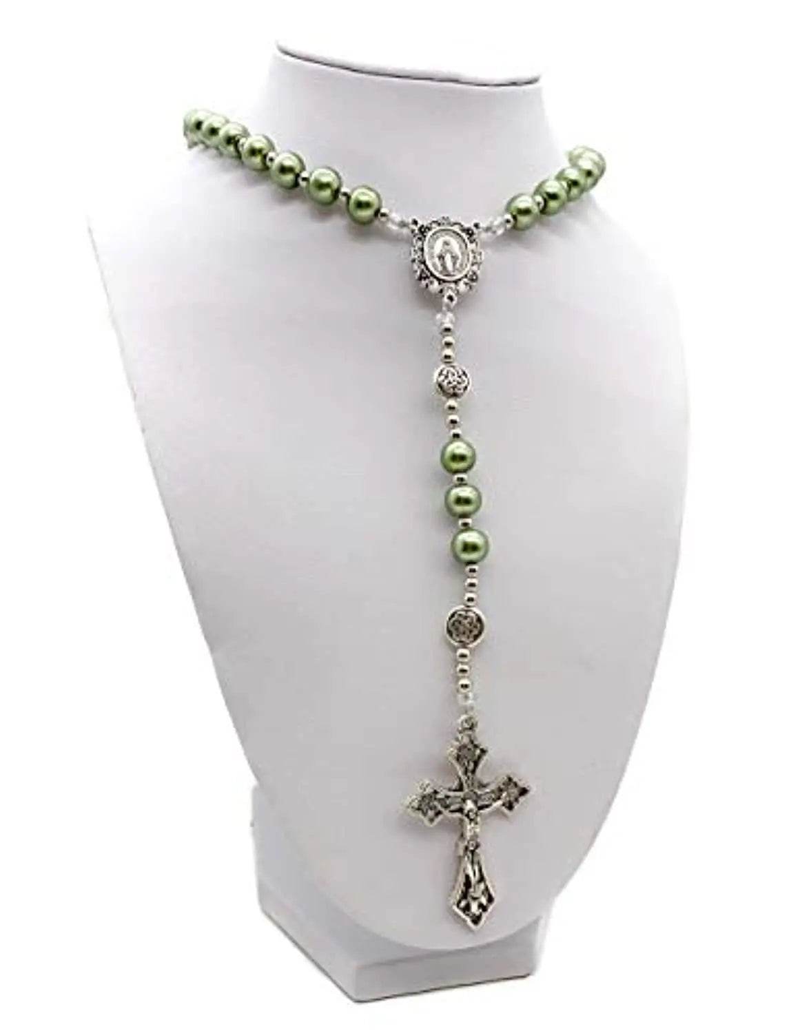 Green Pearl Beads Rosary Catholic Beaded Necklace Miraculous Medal Cross - Nazareth Store