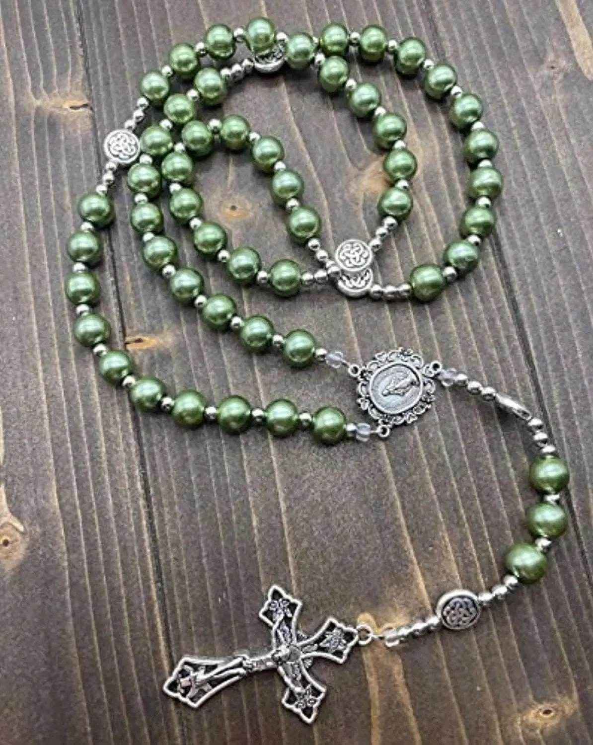 Green Pearl Beads Rosary Catholic Beaded Necklace Miraculous Medal Cross