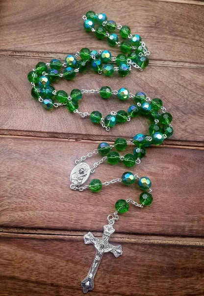 Handmade Green Crystal Rosary Necklace with Holy Mary Medal & Crucifix Cross- Nazareth Store