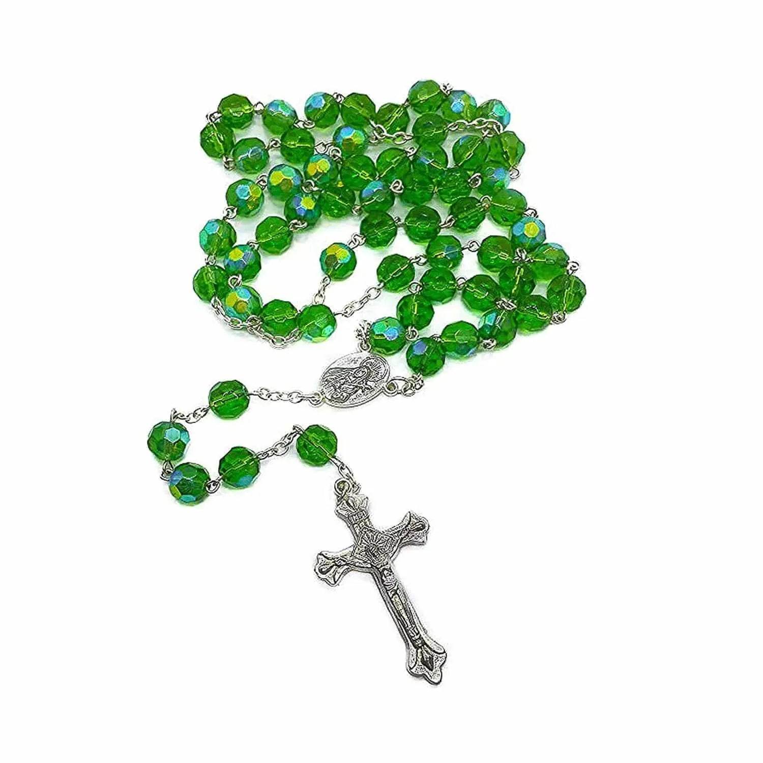 Handmade Green Crystal Rosary Necklace with Holy Mary Medal & Crucifix Cross- Nazareth Store