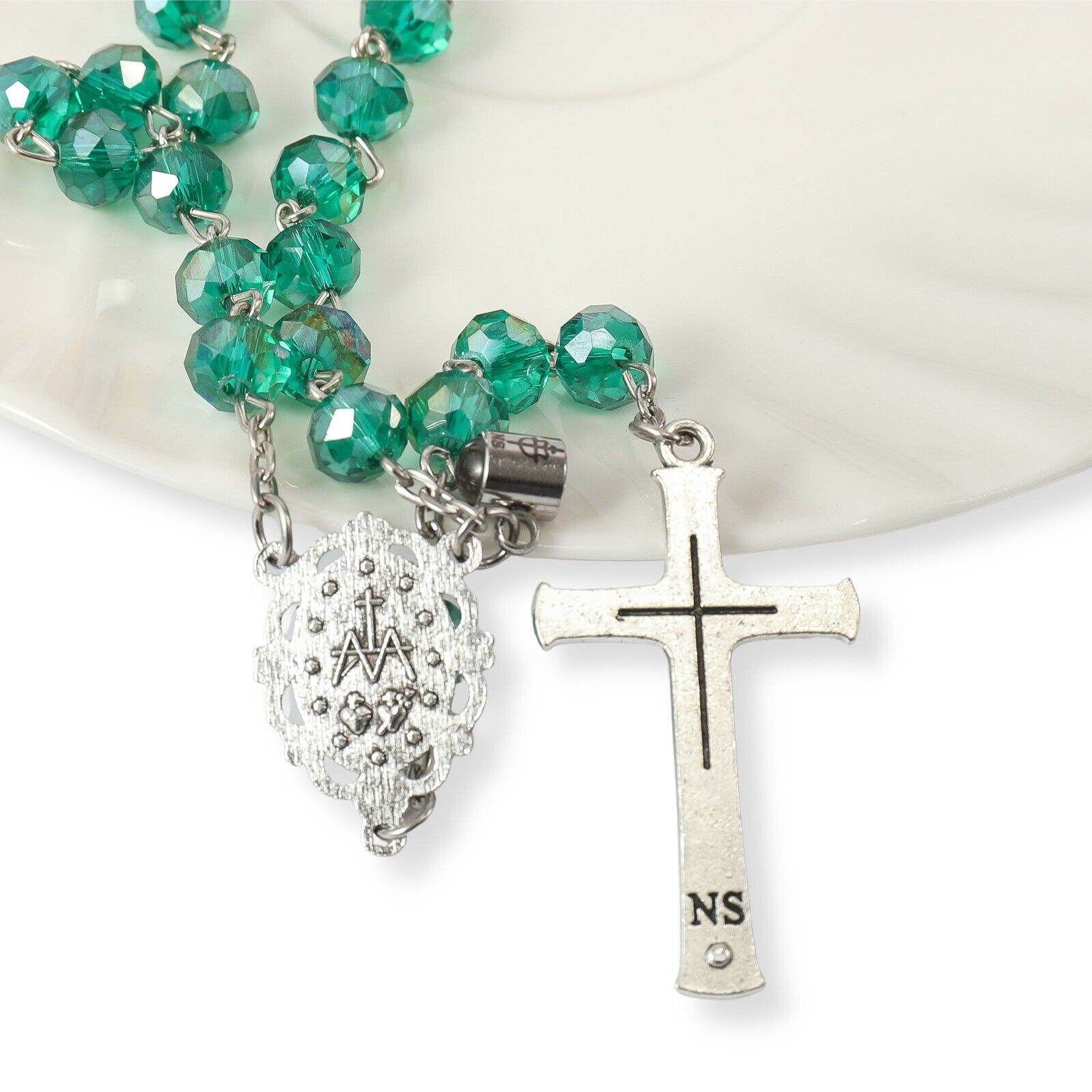 Green Crystallized Rosary Beads Necklace with Miraculous Medal - Nazareth Store