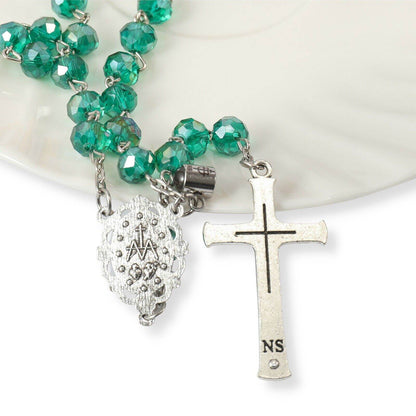Green Crystallized Rosary Beads Necklace with Miraculous Medal - Nazareth Store