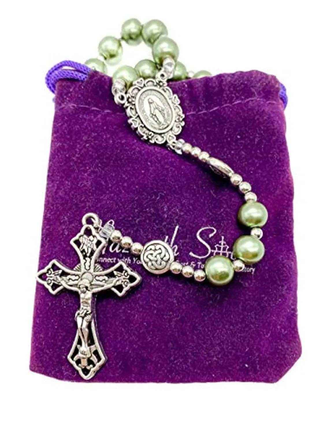 Green Pearl Rosary Necklace with Miraculous Medal & Cross Crucifix Catholic Prayer Beads - Nazareth Store