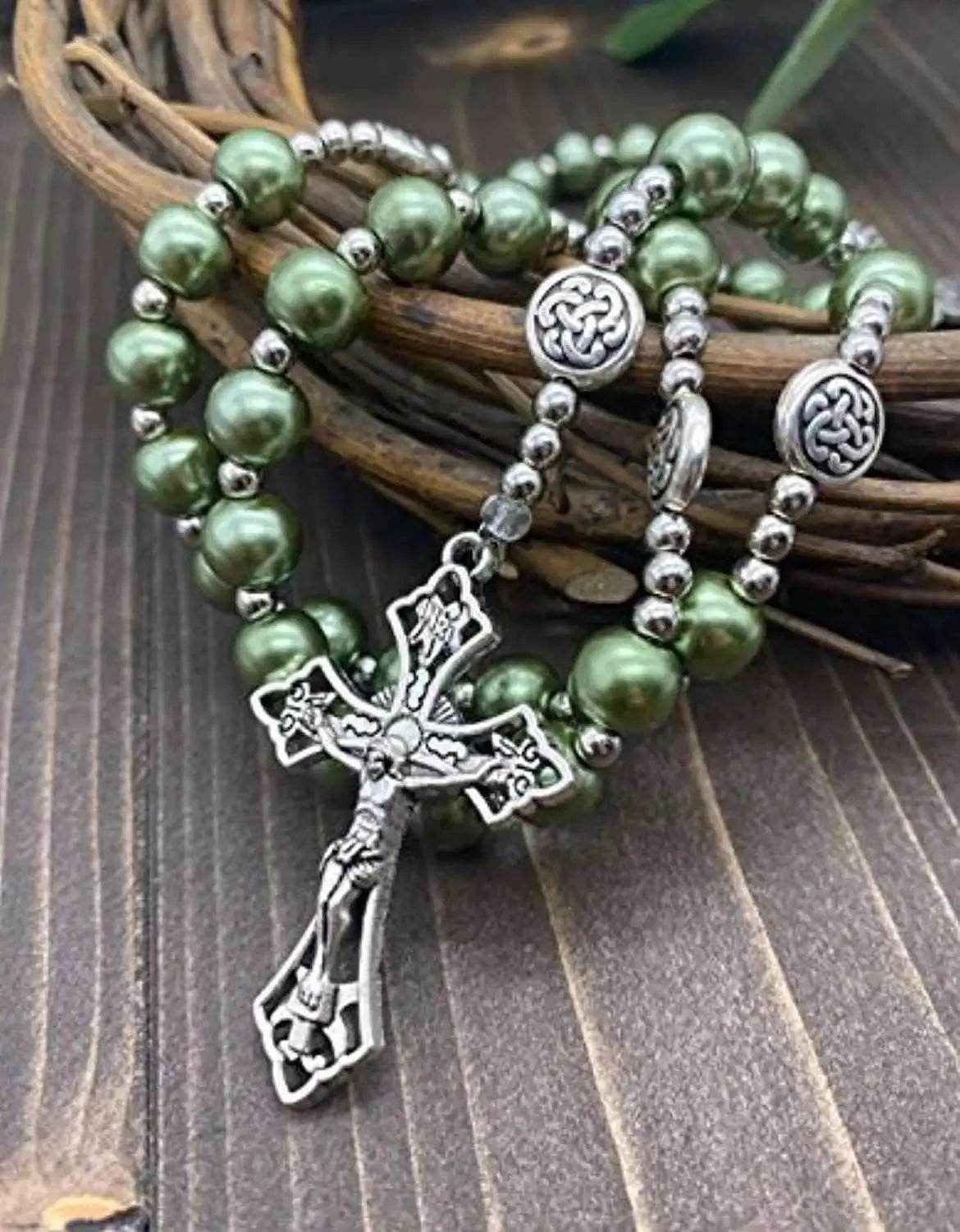 Green Pearl Rosary Necklace with Miraculous Medal & Cross Crucifix Catholic Prayer Beads - Nazareth Store